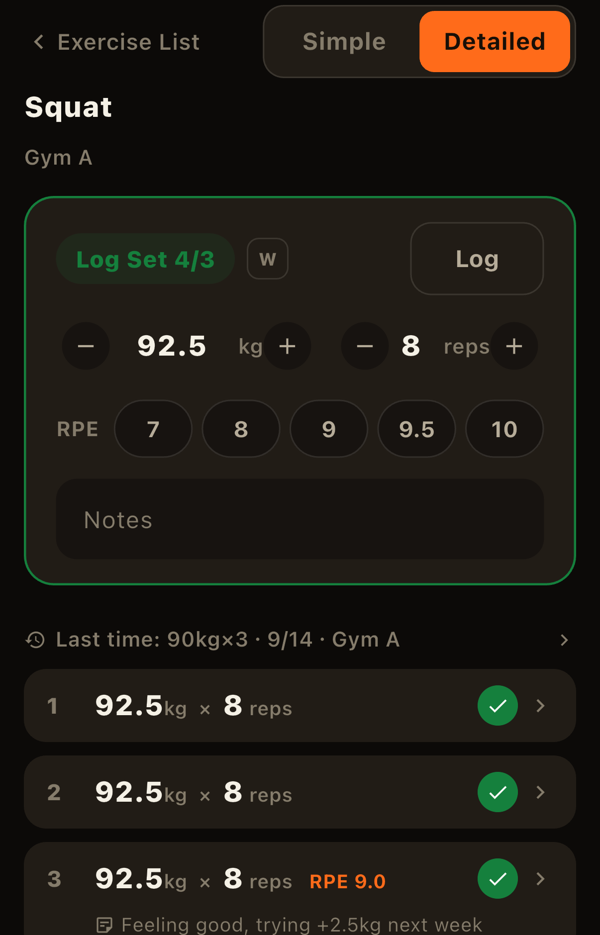 Logging a set (detail mode)