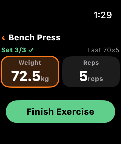 The Finish Exercise button after reaching the target