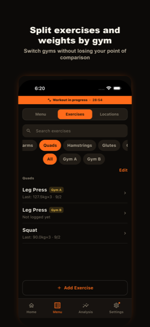 Screen showing exercises and weights tracked separately by gym