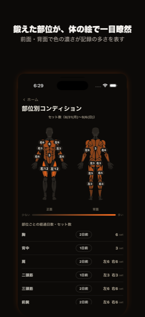 鍛えた部位を体の絵で確認できる画面